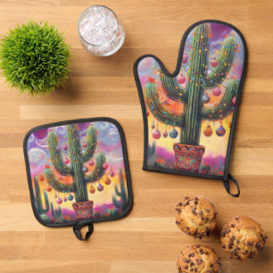 Christmas in the Desert Southwest Saguaro Cactus Oven Mitt & Pot Holder Set