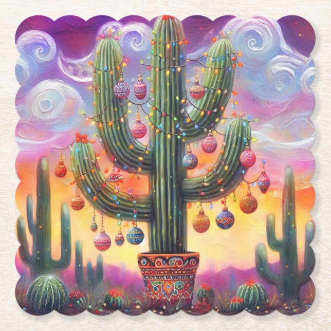 Christmas in the Desert Southwest Saguaro Cactus Paper Coaster (Front)