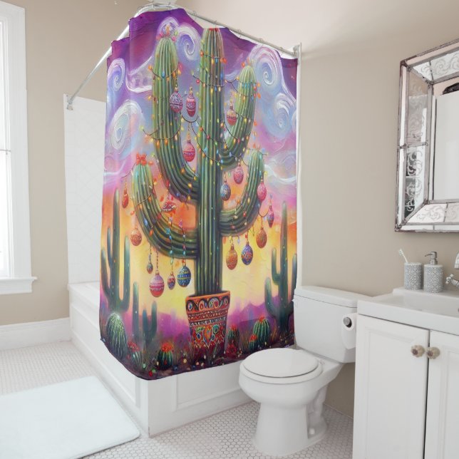 Christmas in the Desert Southwest Saguaro Cactus Shower Curtain (In Situ)