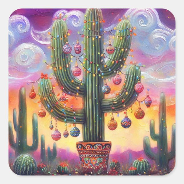 Christmas in the Desert Southwest Saguaro Cactus Square Sticker (Front)