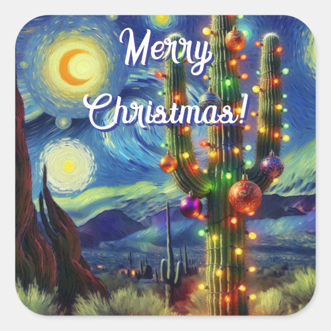 Christmas in the Desert Southwest Saguaro Cactus Square Sticker (Front)
