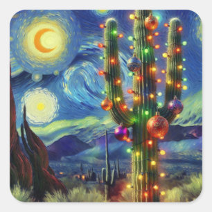 Christmas in the Desert Southwest Saguaro Cactus Square Sticker