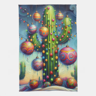 Christmas in the Desert Southwest Saguaro Cactus Tea Towel