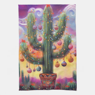 Christmas in the Desert Southwest Saguaro Cactus Tea Towel