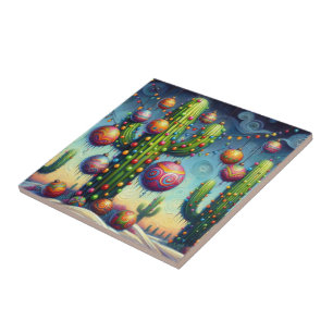 Christmas in the Desert Southwest Saguaro Cactus Tile