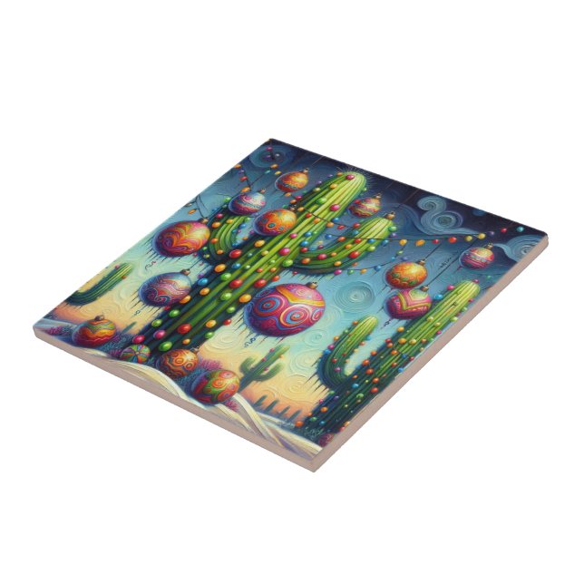 Christmas in the Desert Southwest Saguaro Cactus Tile (Side)