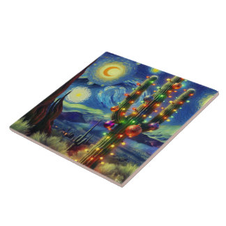 Christmas in the Desert Southwest Saguaro Cactus Tile