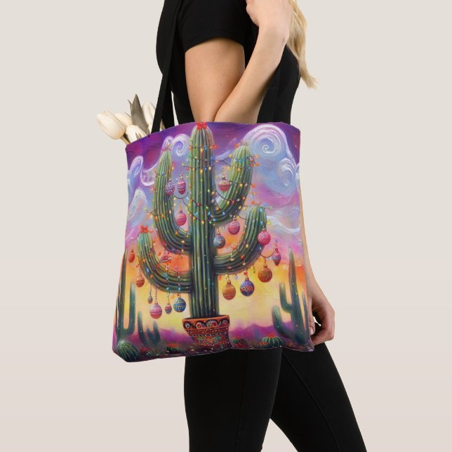 Christmas in the Desert Southwest Saguaro Cactus Tote Bag (Close Up)