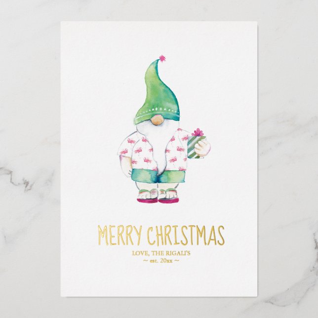 Christmas in The Sand Santa Watercolor Foil Holiday Card (Front)
