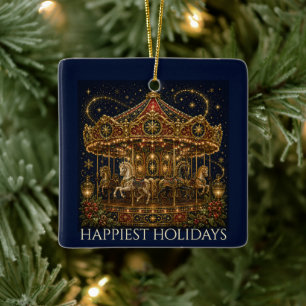 Christmas in the Stars Horse Carousel Photo Ceramic Ornament