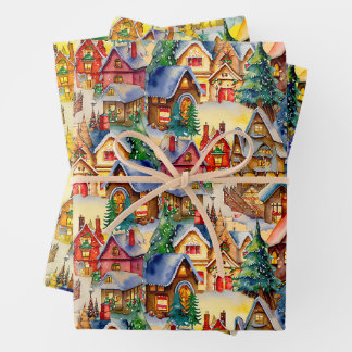 Christmas in Whimsical Village in various lights Wrapping Paper Sheet