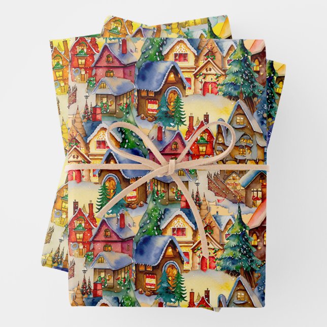 Christmas in Whimsical Village in various lights Wrapping Paper Sheet (In situ)