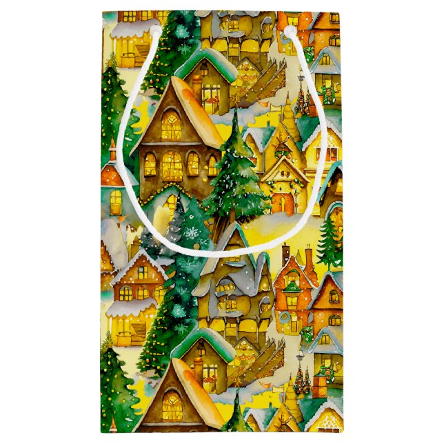 Christmas in Whimsical Village Watercolor Pattern Small Gift Bag (Back)