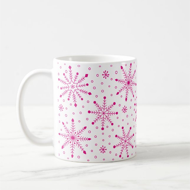 Christmas Inky Snowflake Pink and White Coffee Mug (Left)