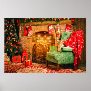 Christmas interior room fireplace, Christmas tree, Poster