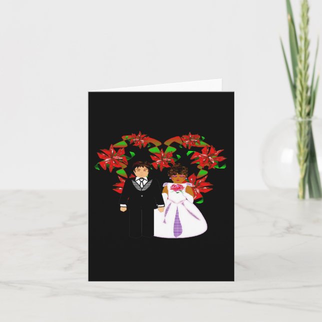 Christmas Interracial Wedding Couple Heart Wreath Holiday Card (Front)