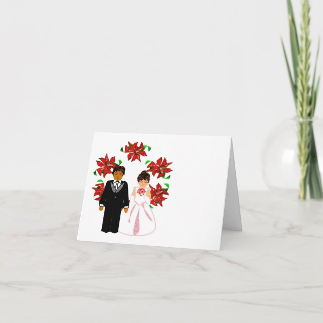 Christmas Interracial Wedding Couple With Wreath Holiday Card (Front)