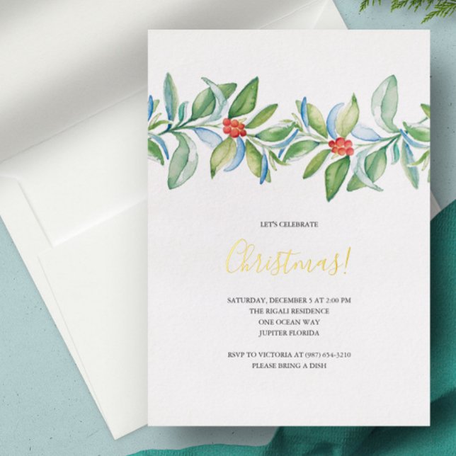 Christmas Invitation Botanical Watercolor  (Christmas Invitation watercolor botanical red and green holly berries. )