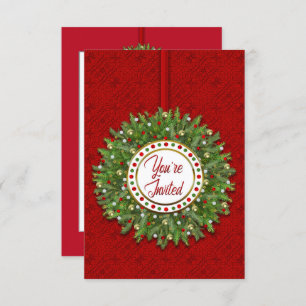 Christmas, Invitation, Christmas Wreath on Red Invitation