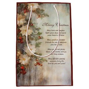 Christmas Irish Blessing   Pretty Winter Flowers Medium Gift Bag