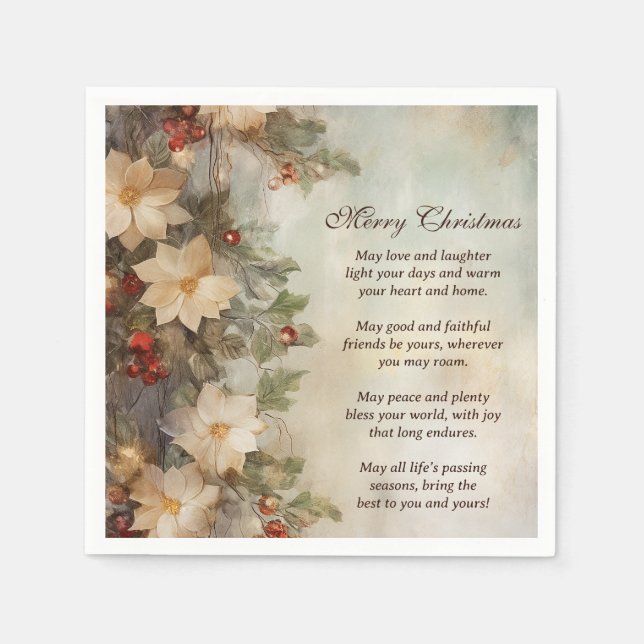 Christmas Irish Blessing | Pretty Winter Flowers Napkin (Front)