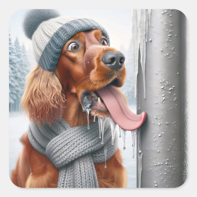 Christmas Irish Setter Dog Licking A Frozen Pole Square Sticker (Front)