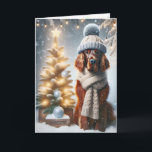 Christmas Irish Setter In Snowflakes Card<br><div class="desc">An Irish Setter dog wearing a winter hat and scarf sits beside a small,  decorated Christmas tree surrounded by snow and festive lights.
Text can be changed.</div>