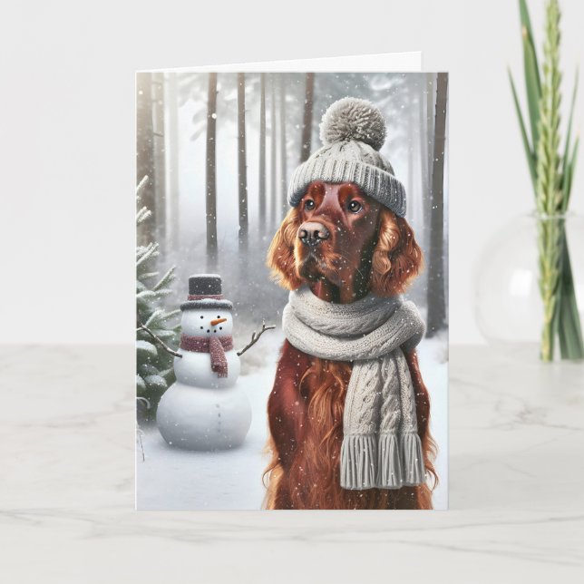 Christmas Irish Setter With Snowman Card (Front)
