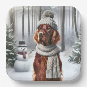 Christmas Irish Setter With Snowman Paper Plate