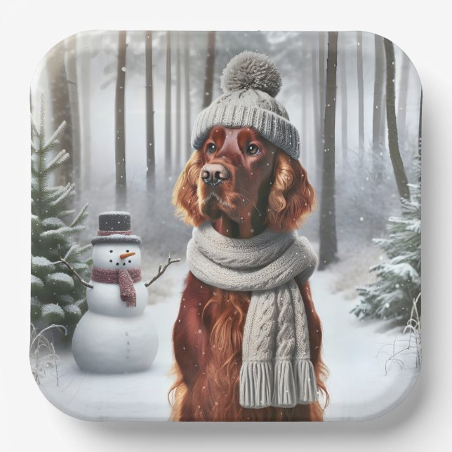 Christmas Irish Setter With Snowman Paper Plate (Front)