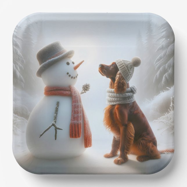 Christmas Irish Setter With Snowman Paper Plate (Front)