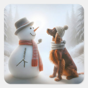 Christmas Irish Setter With Snowman Square Sticker