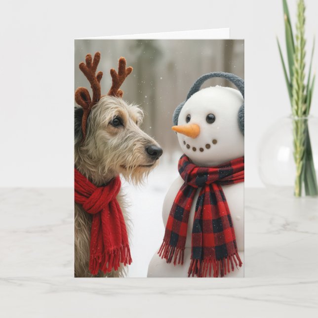 Christmas Irish Wolfhound Gazing at a Cute Snowman Card (Front)