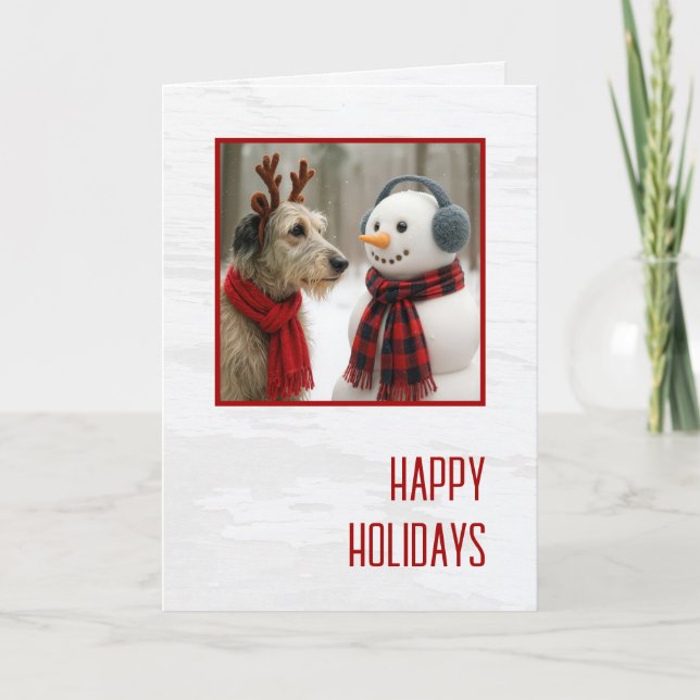 Christmas Irish Wolfhound Gazing at a Cute Snowman Card (Front)