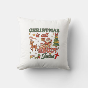 Christmas Is All About Jesus Santa Sleigh Reindeer Cushion