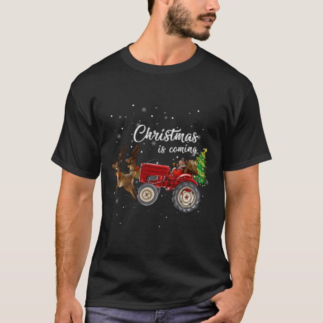 Christmas Is Coming Funny Farmer Santa Claus Tract T-Shirt (Front)