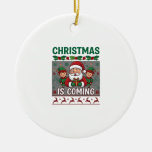 Christmas Is Coming Santa Claus Elves Reindeer Ceramic Tree Decoration