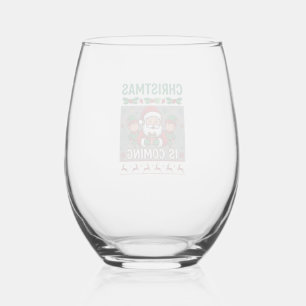 Christmas Is Coming Santa Claus Elves Reindeer Stemless Wine Glass