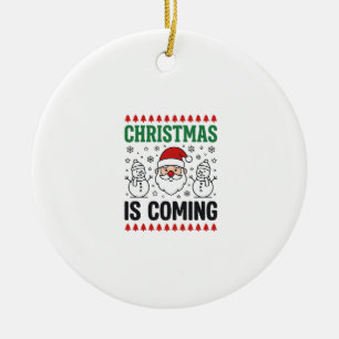 Christmas Is Coming Santa Snowman Design Ceramic Tree Decoration