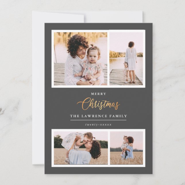 Christmas is Gold | Grey Elegant 4 photo holidays Holiday Card (Front)