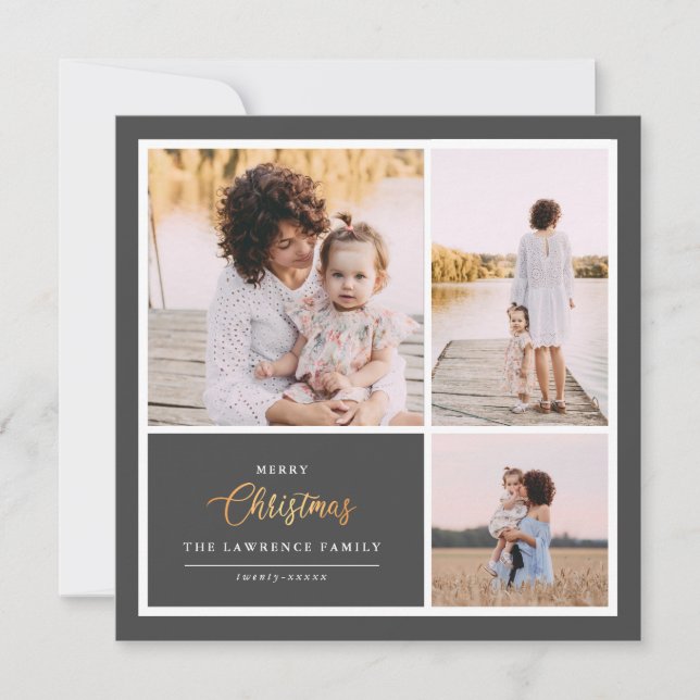 Christmas is Gold | Grey Modern 3 photo collage Holiday Card (Front)