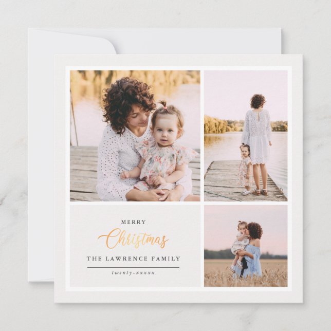 Christmas is Gold | Ivory Modern 3 photo holidays Holiday Card (Front)