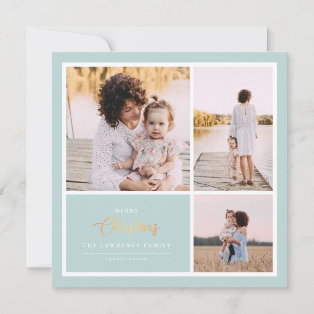 Christmas is Gold | Mint Modern 3 photo collage Holiday Card (Front)