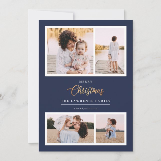 Christmas is Gold | Navy Elegant 4 photo holidays Holiday Card (Front)