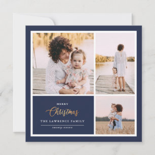 Christmas is Gold   Navy Modern 3 photo collage Holiday Card