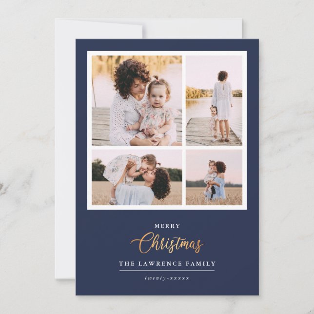 Christmas is Gold | Navy Modern 4 photo holidays Holiday Card (Front)