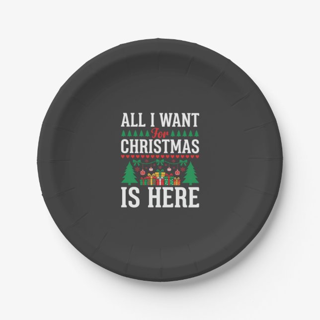Christmas Is Here Holiday Tree Gift Paper Plate (Front)