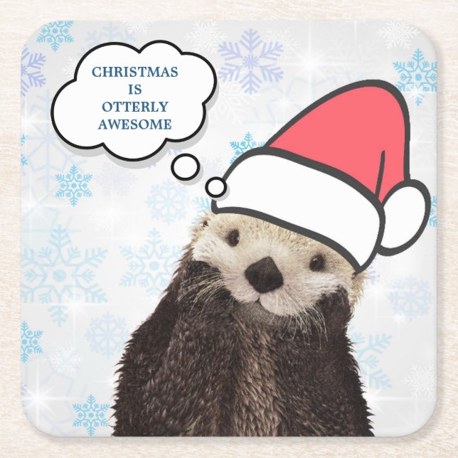 Christmas is Otterly Awesome Otter Pun Square Paper Coaster (Front)