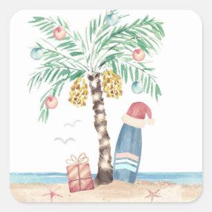 Christmas Island Palm Surf Santa Tropical Beach Square Sticker