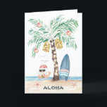 Christmas Island Surf Santa Palm Tree Beach Holiday Card<br><div class="desc">Surf theme Christmas card features a palm tree (decorated with ornaments and string lights) on a tropical island with a surfboard, starfish, sea birds and Santa swimming in the ocean giving the Aloha sign while enjoying a tropical beverage. Both lines of text inside can be personalised. Art by KL Stock...</div>